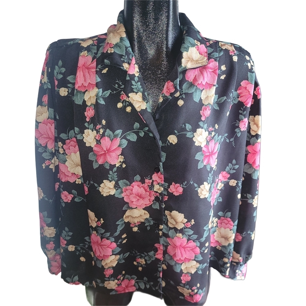 Vintage Eaton Floral Print Black Long Sleeve Blouse Size 12